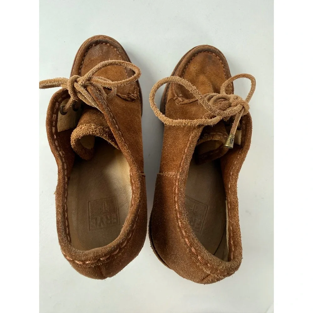 Frye Womens Cognac Brown Suede Lace Up Moc Toe Wedge Booties Shoes‎